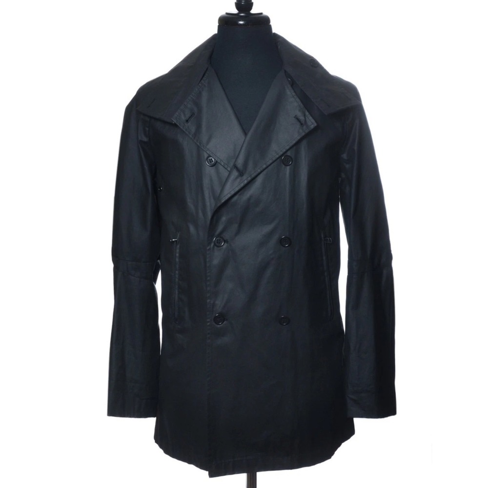 SHIPLEY & HALMOS Men's Black Double Breasted Waxed Cotton Trench Coat Size 40